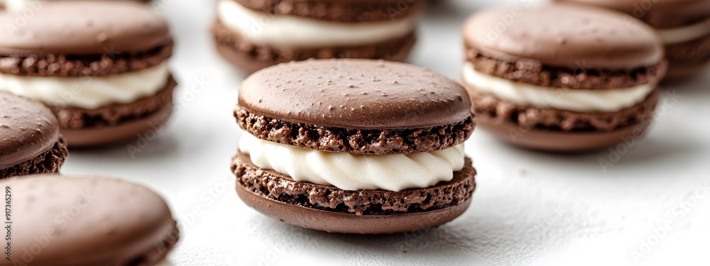 A close-up of chocolate macarons with white cream filling, placed on a light beige surface. The macarons have glossy and slightly smooth surfaces, showcasing their delicate texture A close-up of chocolate macarons with white cream filling, placed on a light beige surface. The macarons have glossy and slightly smooth surfaces, showcasing their delicate texture