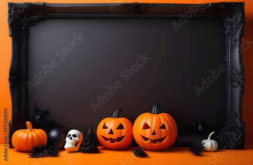 Black frame on orange background with pumpkins and skulls. Composition for the Halloween holiday, a lot of space for placing text or advertising.