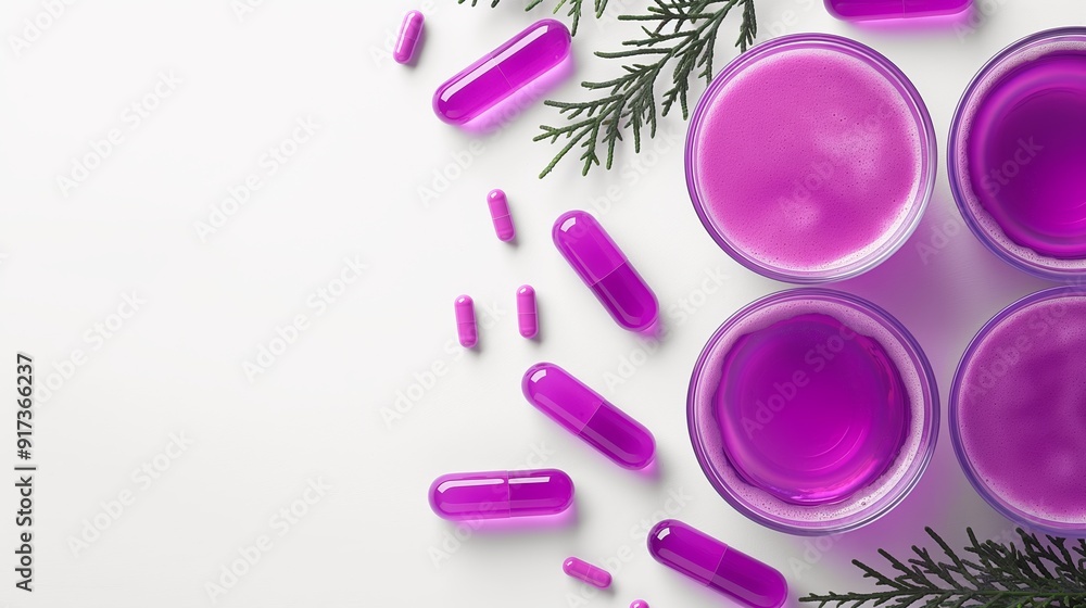 A flat lay of purple capsules and liquid in glass containers on a white surface with greenery accents A flat lay of purple capsules and liquid in glass containers on a white surface with greenery accents