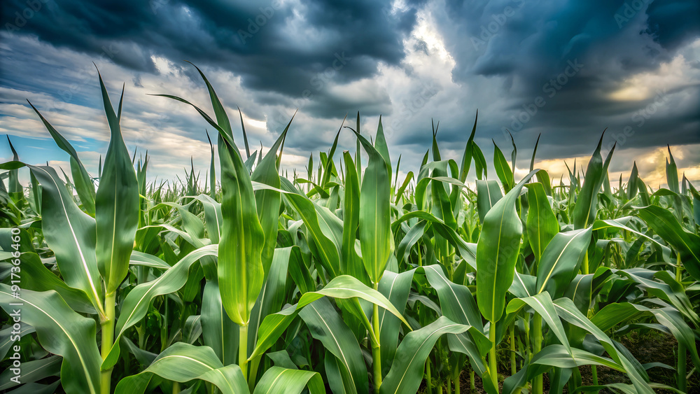 Fototapeta premium Cornfield under dramatic cloudy sky, green leaves, agricultural landscape before storm