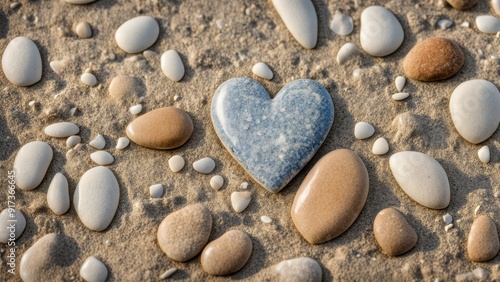 Sea background, heart-shaped pebbles on a sandy beach.