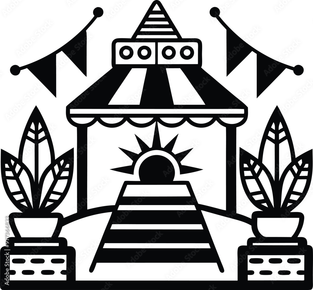Simple relaxing zone, festival, Maya style black and white icon on white background Simple relaxing zone, festival, Maya style black and white icon on white background