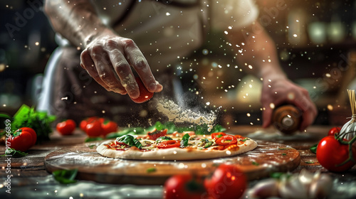 A pizzaiolo is adding fresh ingredients to a pizza, working on a wooden board, with flour flying around, creating a dynamic effect in the kitchen