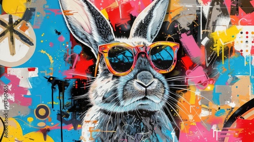 A cool rabbit wearing sunglasses against a vibrant, abstract graffiti background.