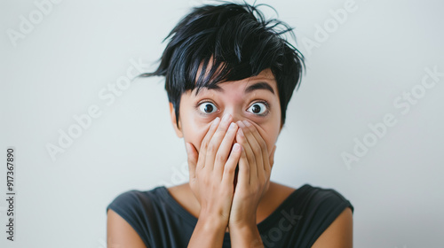 Wallpaper Mural asian woman covering mouth with her hands, looking surprised and shocked. white background, space for Text,copy, caption Torontodigital.ca