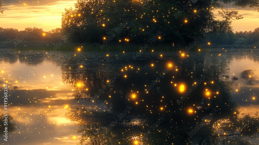 A serene golden sunset over a tranquil lake with fireflies illuminating the landscape, creating a magical and peaceful atmosphere. A serene golden sunset over a tranquil lake with fireflies illuminating the landscape, creating a magical and peaceful atmosphere.