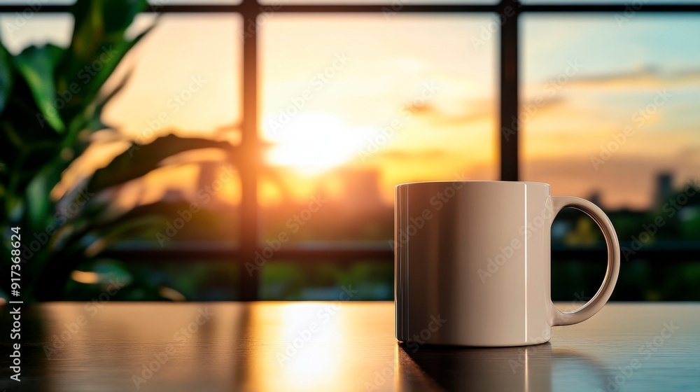 Office with large windows to nature and sunset. On the desk a white mug, next to a plant, modern style. Office with large windows to nature and sunset. On the desk a white mug, next to a plant, modern style.