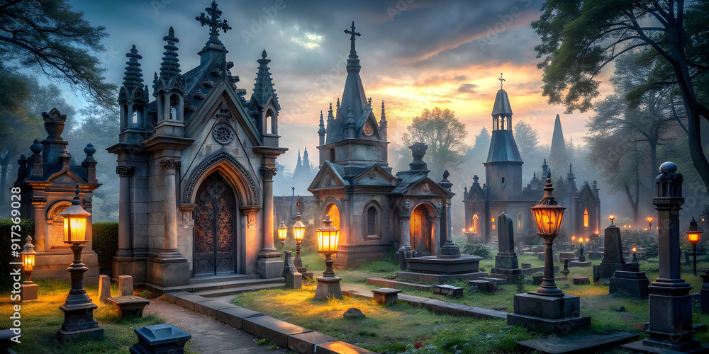 Fototapeta premium a gothic cemetery at twilight with intricately