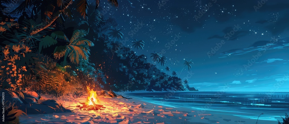 Obraz premium A crackling campfire on a tranquil beach under a starry night sky.
