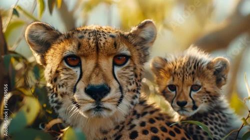 Majestic mother cheetah and her playful cub are captured in their natural habitat, showcasing strong bond between them. The beautiful golden hour illuminates the landscape
