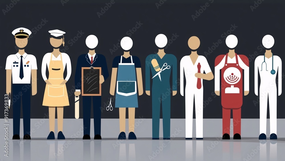 Simple abstract human-like figures in different colors with simple dark background, each character is unique with a personality like a pilot, doctor, teacher or cook. Simple abstract human-like figures in different colors with simple dark background, each character is unique with a personality like a pilot, doctor, teacher or cook.
