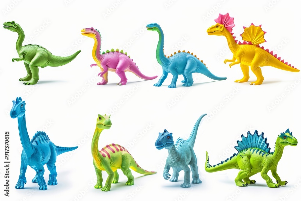 A collection of colorful plastic dinosaurs in various poses, showcasing their unique characteristics. From a roaring T-Rex to a gentle Brontosaurus, each dinosaur is captured in a dynamic stance. A collection of colorful plastic dinosaurs in various poses, showcasing their unique characteristics. From a roaring T-Rex to a gentle Brontosaurus, each dinosaur is captured in a dynamic stance.