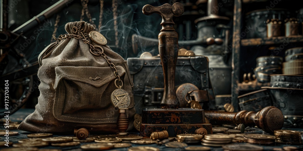 Old bag, coins, stamp, and smoke. Old bag, coins, stamp, and smoke.