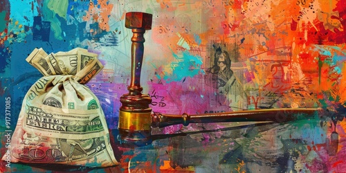 A gavel and money bag on a colorful background.