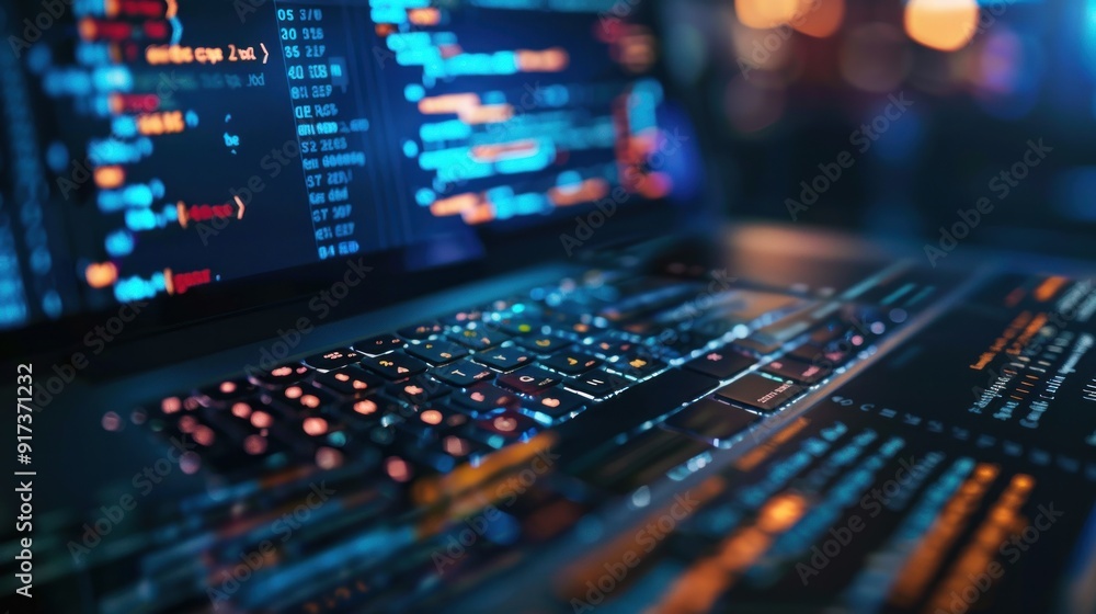 Close-up of a laptop keyboard with code on the screen. Close-up of a laptop keyboard with code on the screen.