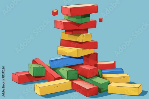 A tall tower made of colorful building blocks stands precariously, waiting for a gentle push to send it tumbling down. The blocks are stacked haphazardly, adding to the sense of instability.