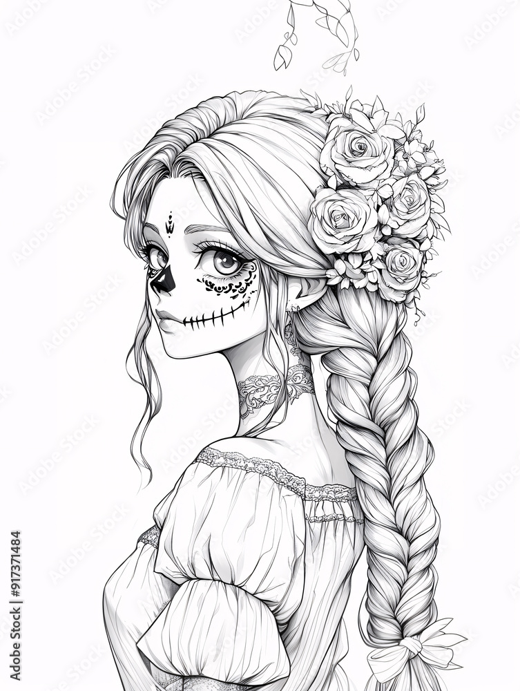 A girl with a flowery headband and a skeleton on her face A girl with a flowery headband and a skeleton on her face
