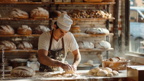 Sunlit Craftsmanship: A Baker Kneading Dough for Artisan Bread in a Cozy Bakery photo