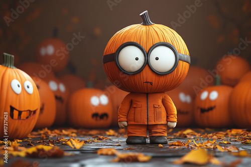 A cartoon character with glasses stands in front of a pile of pumpkins photo