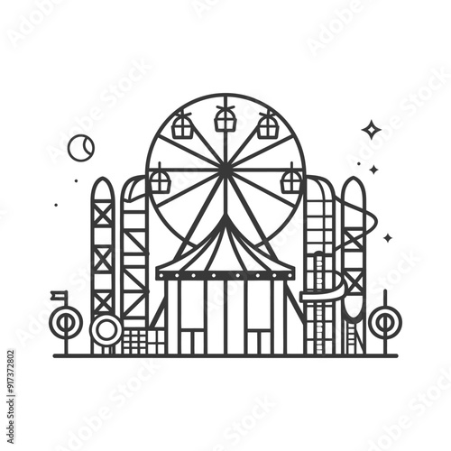Ferris Wheel and Amusement Park Rides Line Art Illustration