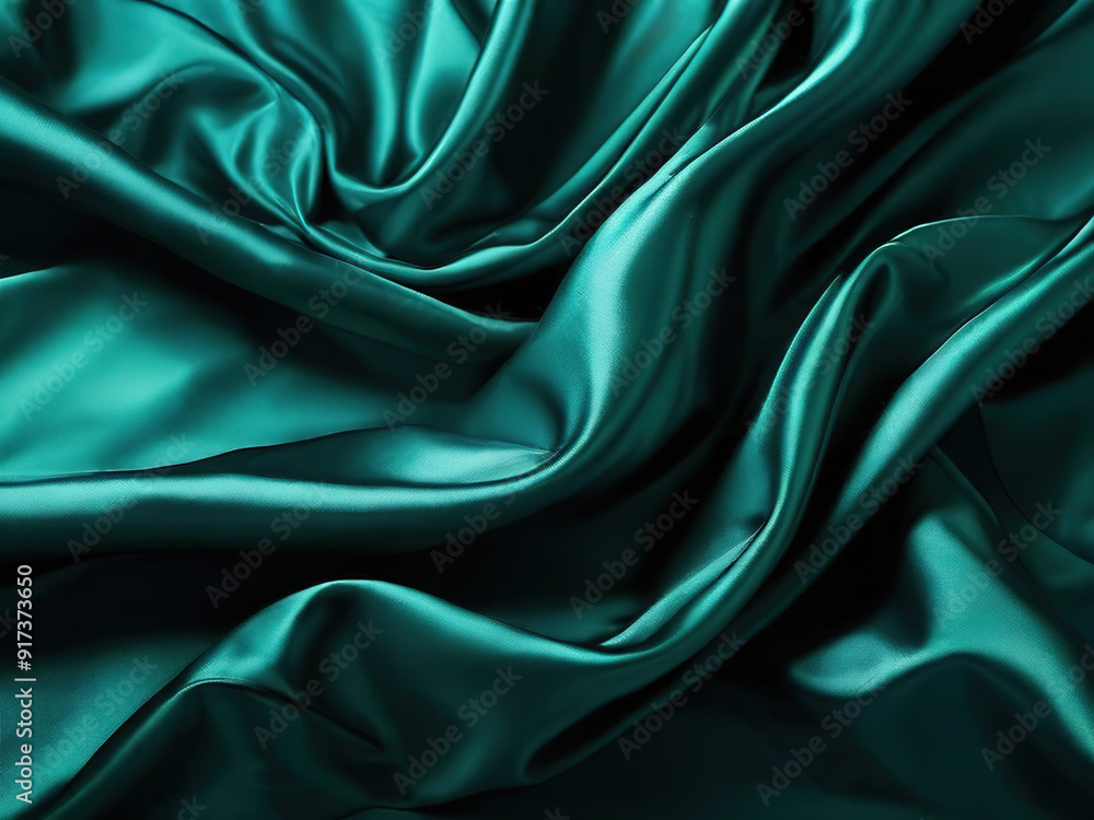 Fototapeta premium Smooth teal satin fabric with soft folds and gentle curves.