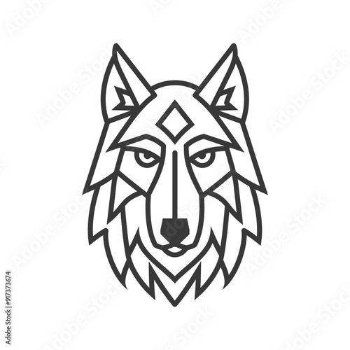 Geometric Line Art Wolf Head with Diamond Symbol