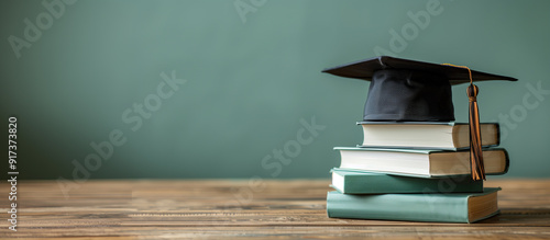 Education banner with black graduation cap and stack of books on wooden desk agains calm green backdrop with copyspace
