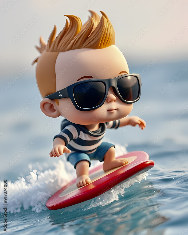 Obraz premium kid surfing wearing sunglasses cool guy chibi kawaii character