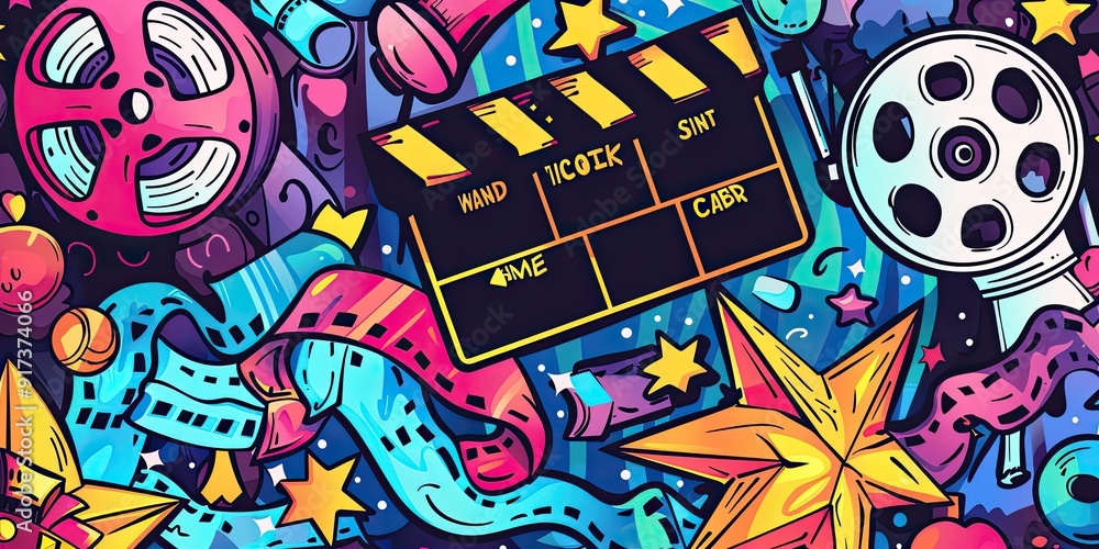 Fototapeta premium Colorful movie themed doodle art.