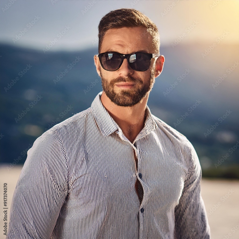 A man wearing sunglasses and a striped shirt, standing outdoors A man wearing sunglasses and a striped shirt, standing outdoors