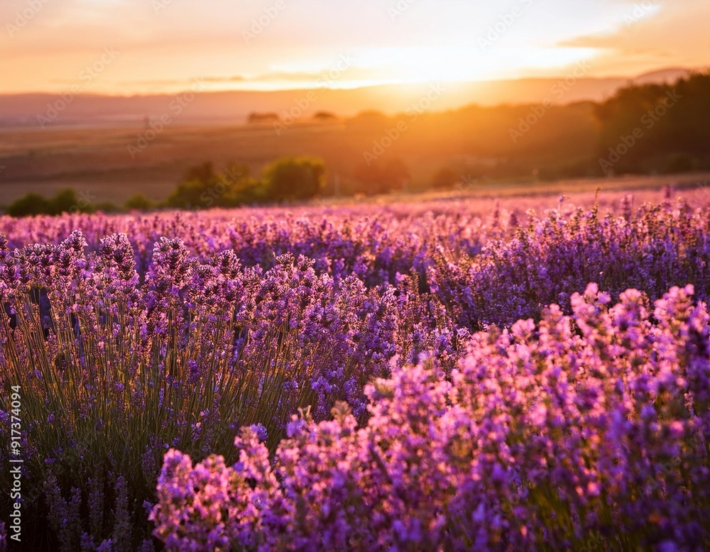Obraz premium A field of lavender flowers in full bloom, bathed in the warm glow of the setting sun