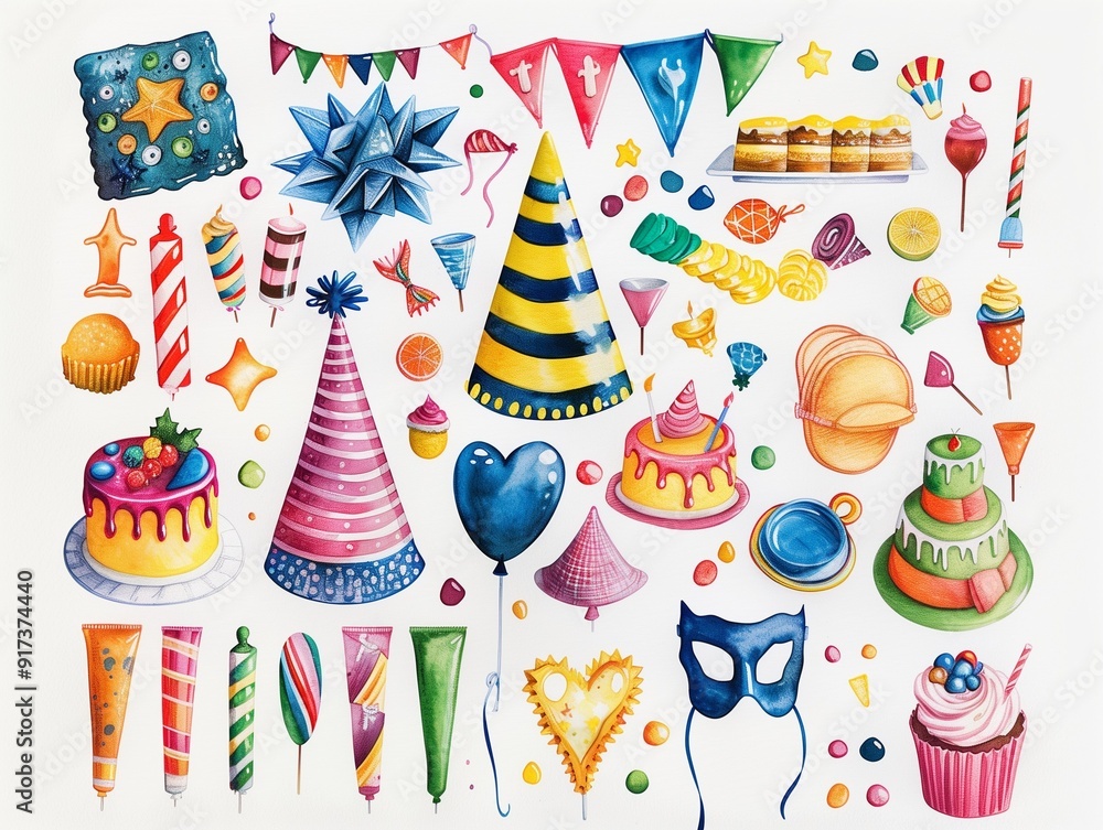 Set of New Year's party costume watercolor illustration. AI generated Set of New Year's party costume watercolor illustration. AI generated
