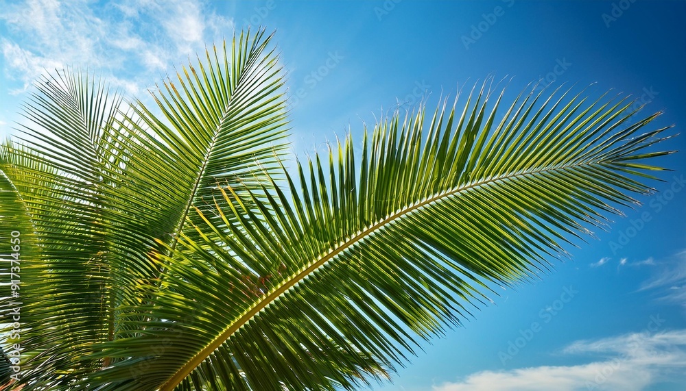 A palm tree leaves against a blue sky A palm tree leaves against a blue sky