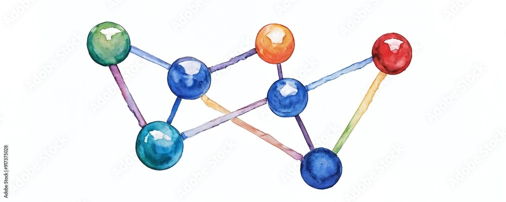 Obraz premium Colorful abstract network of spheres connecting with lines illustrating scientific concept in digital art