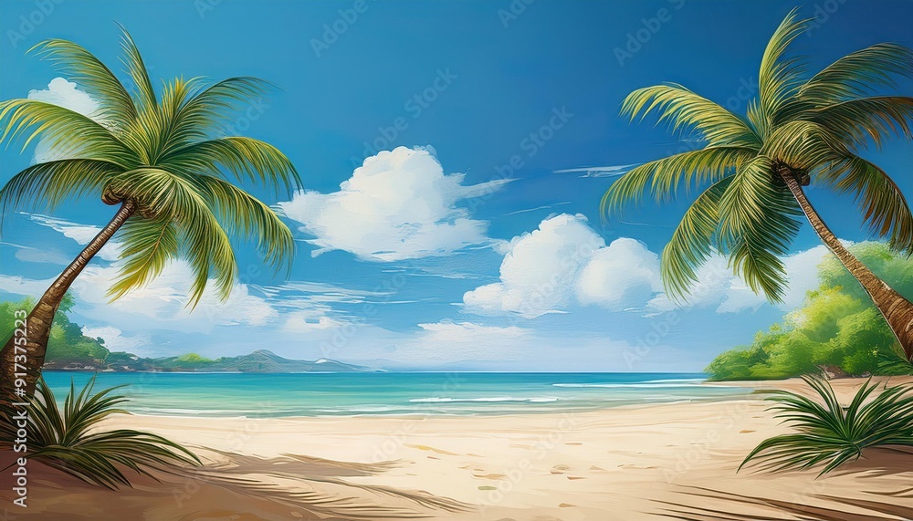 Obraz premium A digital illustration of two palm trees framing a sandy beach under a clear, blue sky with light clouds