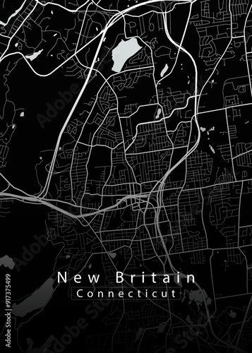 Minimalist black map of New Britain, Connecticut – A modern map print highlighting infrastructure of the city, useful for tourism purposes
 photo