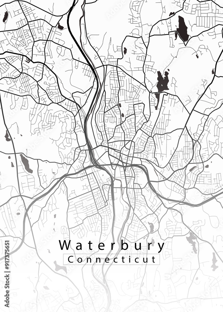 Fototapeta premium Minimalist white map of Waterbury, Connecticut – A modern map print highlighting infrastructure of the city, useful for tourism purposes