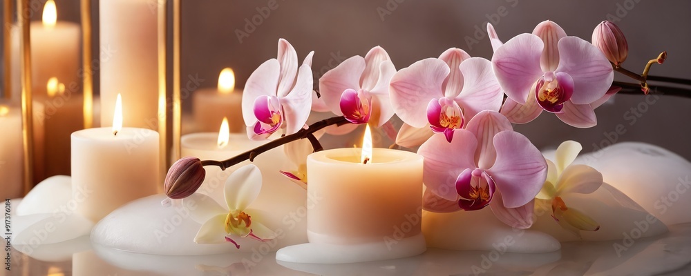Serene arrangement of candles and orchids in a softly lit indoor space at evening Serene arrangement of candles and orchids in a softly lit indoor space at evening