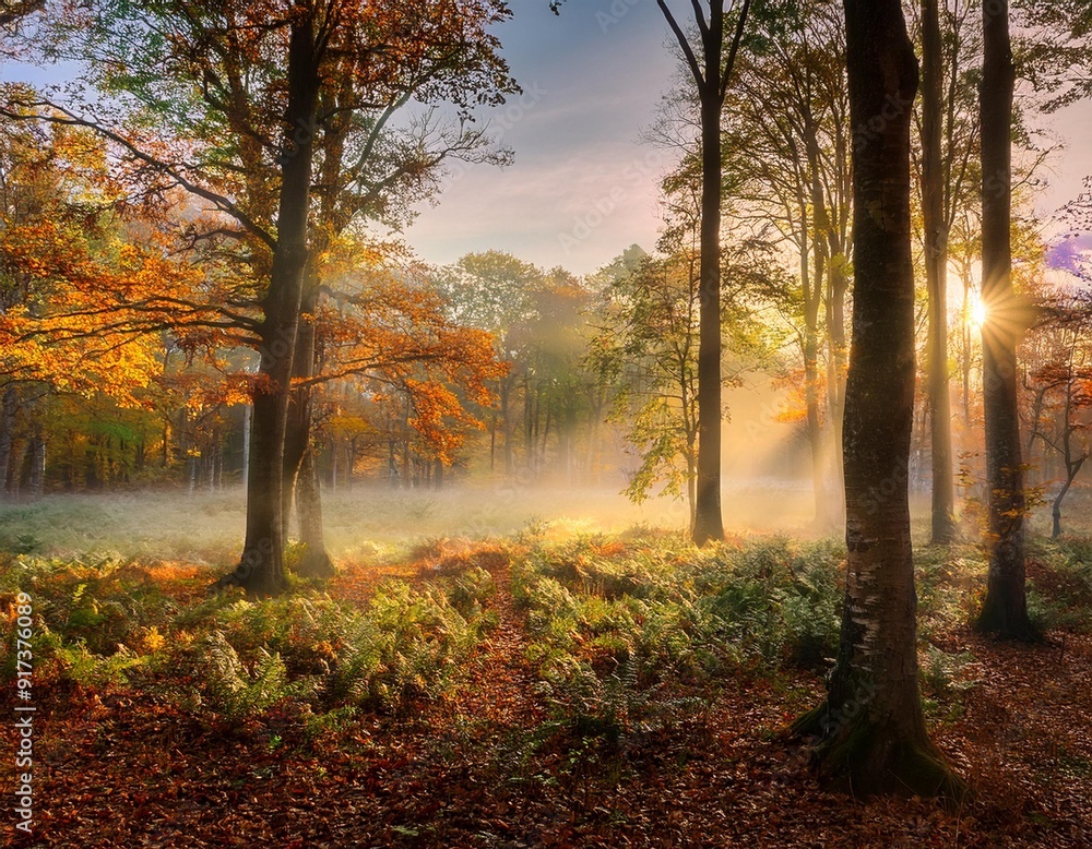 Fototapeta premium A serene autumn morning in the forest, with mist rolling through the trees