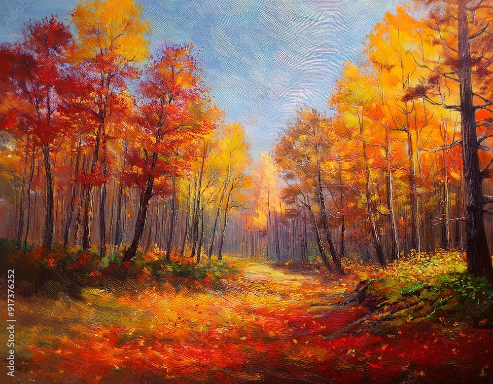 An oil painting depicts a close-up view of a forest in autumn, with a vivid palette of reds, oranges, and yellows An oil painting depicts a close-up view of a forest in autumn, with a vivid palette of reds, oranges, and yellows