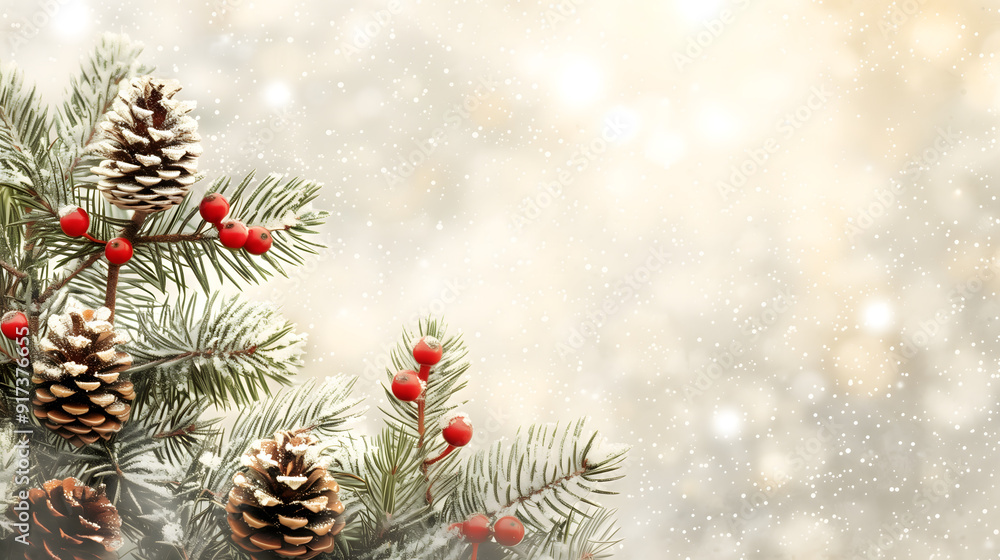 fondo navideños con Ramas de pino nevadas con piñas y bayas rojas fondo navideños con Ramas de pino nevadas con piñas y bayas rojas