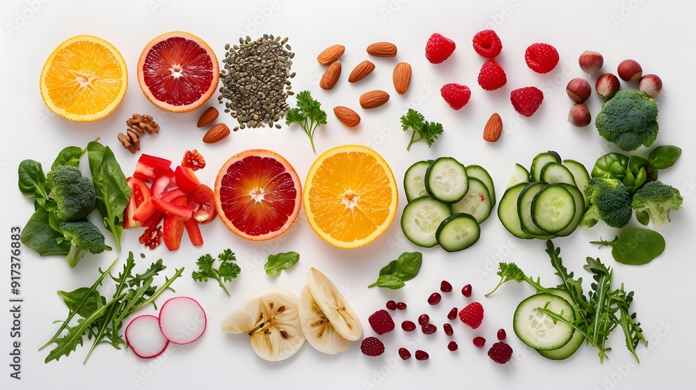 Assorted Fruits, Vegetables, and Nuts on White Background, Healthy and Vibrant Arrangement for Wellness, Diet, and Clean Eating Concepts, Perfect for Food Advertising
Assorted Fruits, Vegetables, and Nuts on White Background, Healthy and Vibrant Arrangement for Wellness, Diet, and Clean Eating Concepts, Perfect for Food Advertising