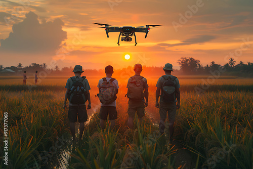 Teen Asian men practicing dronebased soil analysis rice paddies near Bangkok Thailand showcasing futuristic agriculture technology photo