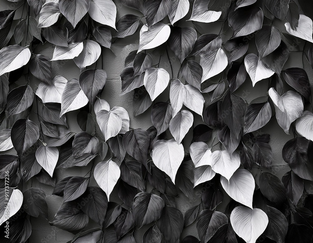 Black and white leaves are seen adhering to a wall, creating a contrast between the natural elements and manmade structure. Black and white leaves are seen adhering to a wall, creating a contrast between the natural elements and manmade structure.