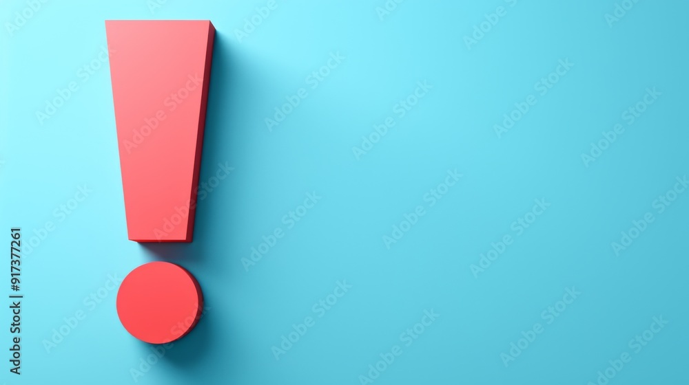 Minimalist 3D Red Exclamation Mark on Light Blue Background with Ample Copy Space for Text