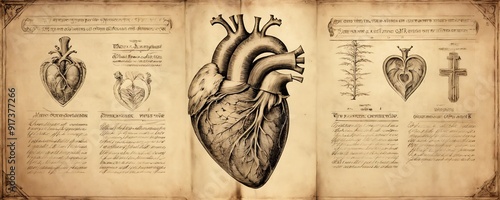 Intricate historical heart drawings in an antique scientific manuscript displaying anatomical details