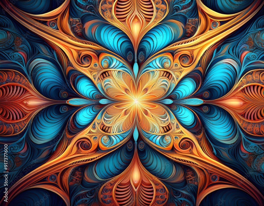 A colorful fractal image with intricate designs and patterns in shades of blue and orange A colorful fractal image with intricate designs and patterns in shades of blue and orange