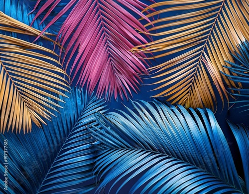 Palm leaves in shades of pink, yellow, and blue create a tropical pattern on a dark blue background