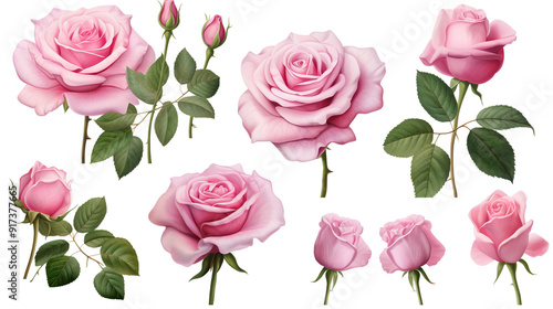 Set Collection of Beautiful Pink Wild Rose Flowers Isolated Over a PNG Transparent and White Background