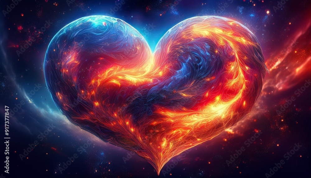 A heart-shaped planet engulfed in flames, floating amidst the stars and a swirling nebula A heart-shaped planet engulfed in flames, floating amidst the stars and a swirling nebula